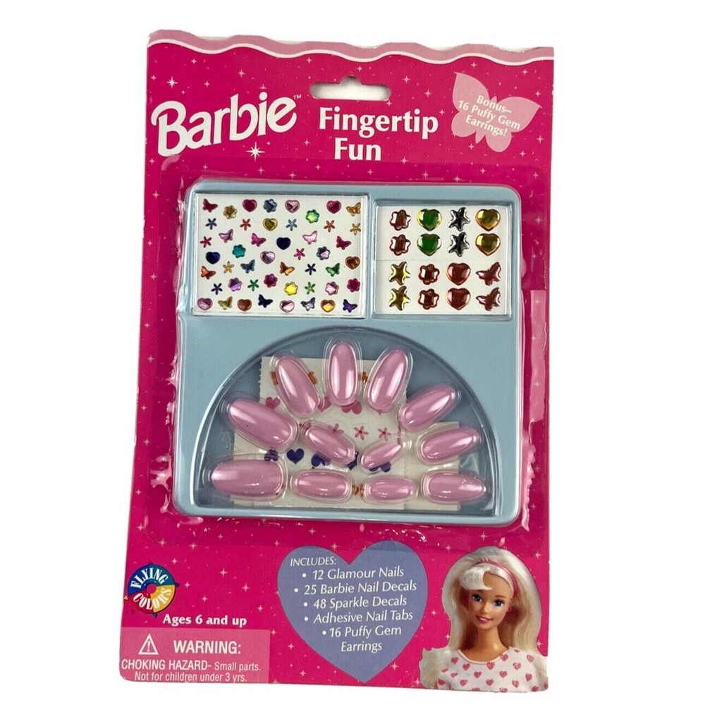 BARBIE Press On Nails Puff Earrings Fingertip Fun Millennial VTG 90s Mattel 1997